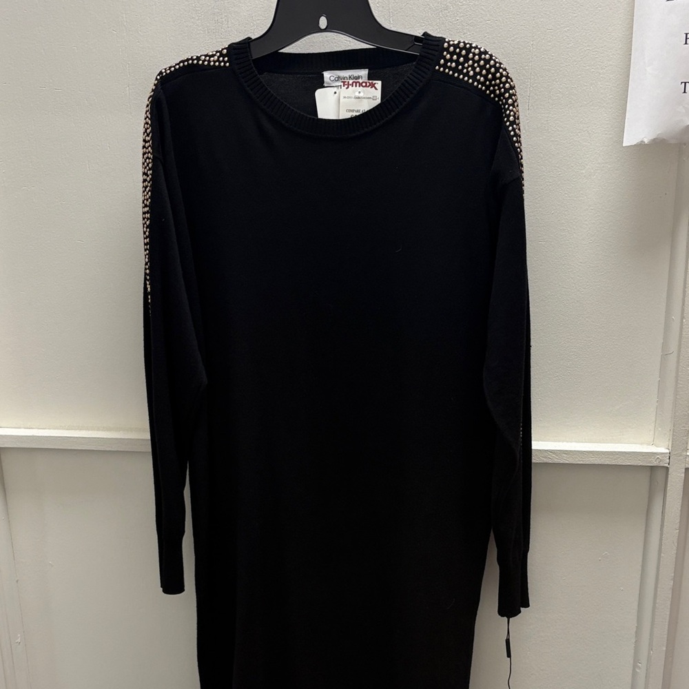 Calvin Klein Elegant Black Knit Dress with Studded Shoulders - NWT